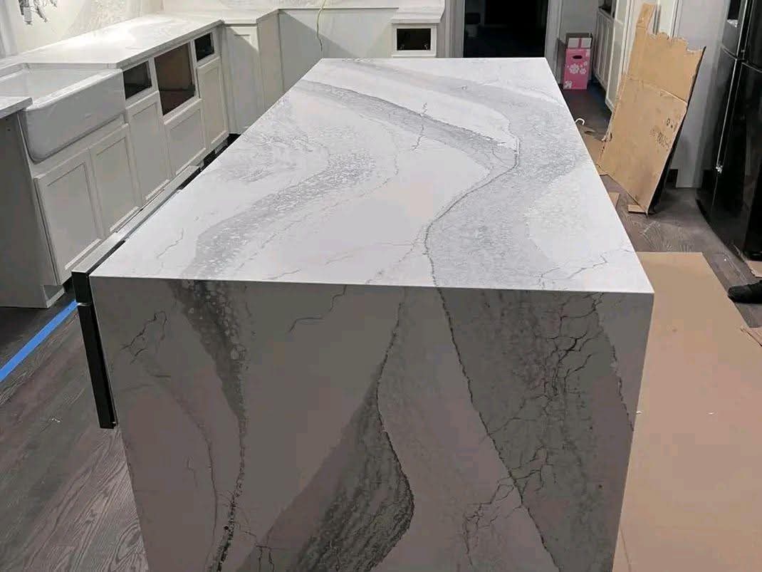 Veined white marble island